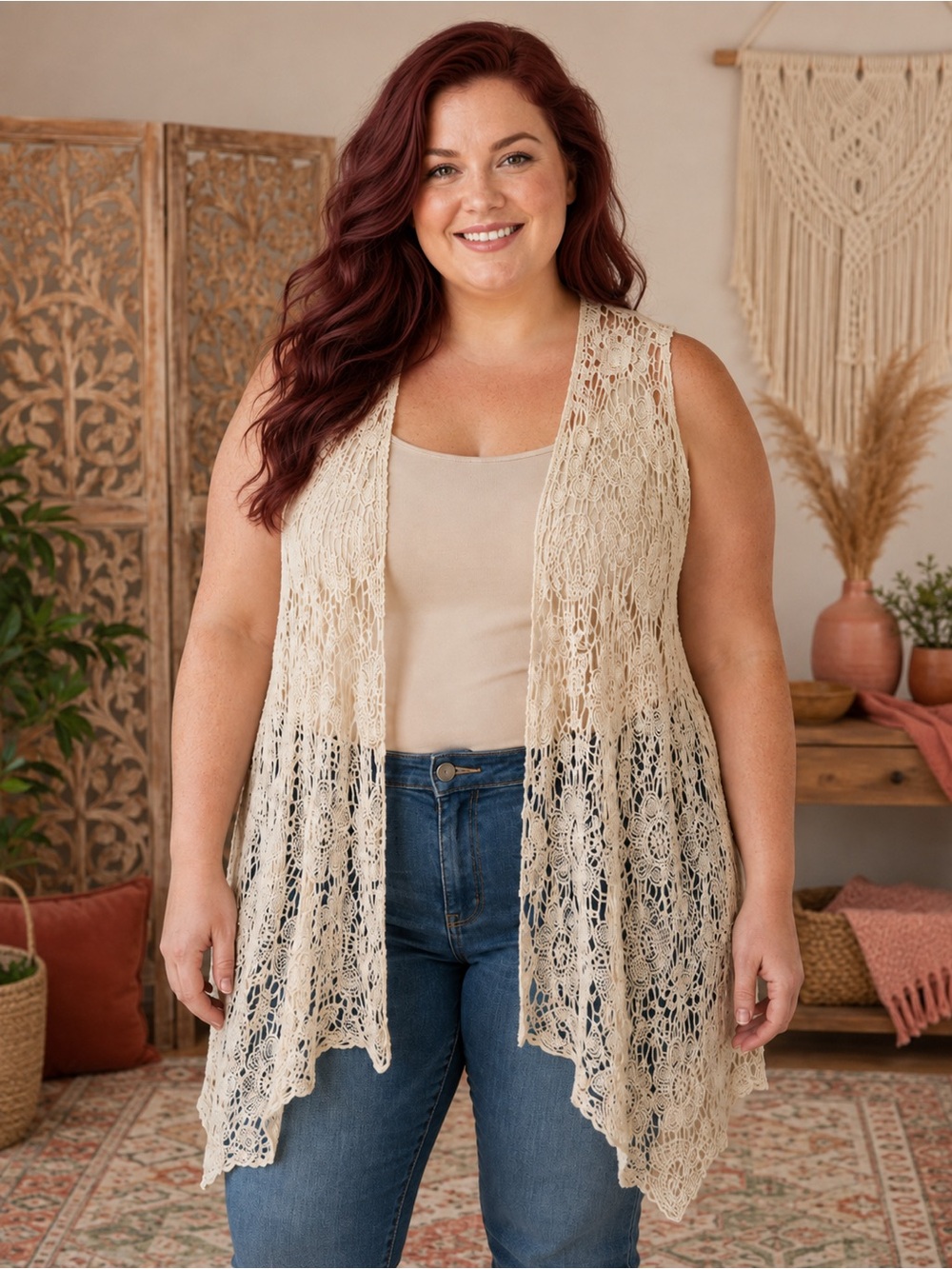 Chico's Cream Crochet Open-Front Vest Size XL